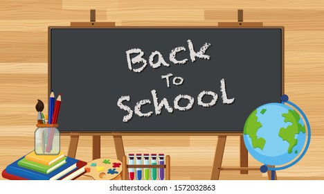 Back to school sign with many school items illustration