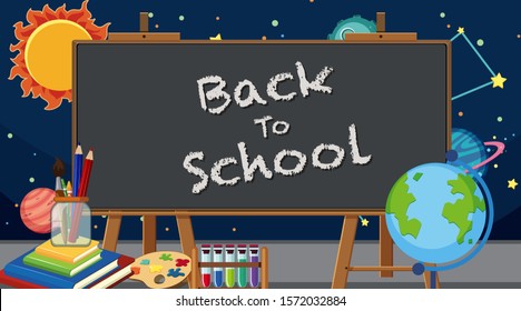 Back to school sign with many school items illustration