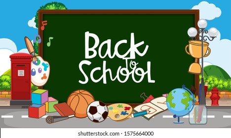 Back to school sign with many school items illustration