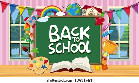 Back to school sign with many school items illustration