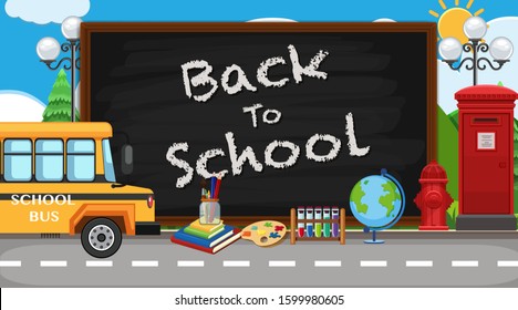 Back to school sign with many school items on the road background illustration