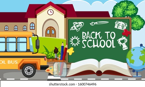 Zurück zum Schulzeichen mit vielen Schulartikeln, Illustration