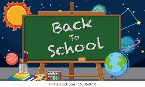Back to school sign with many school items and space background illustration