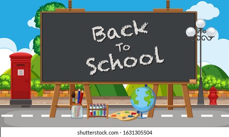 Back to school sign with many school items illustration