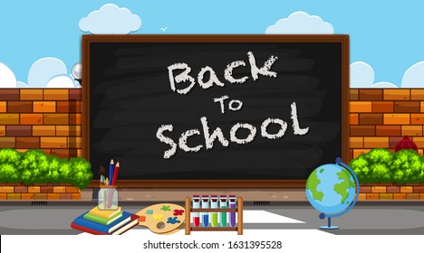 Back to school sign with many school items illustration