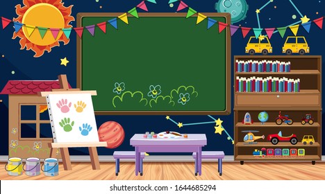 Back to school sign with many school items in classroom illustration
