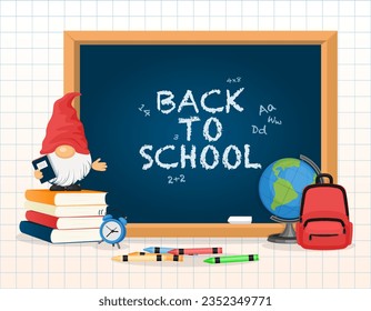 Back to school sign on chalkboard with educational school supplies banner
