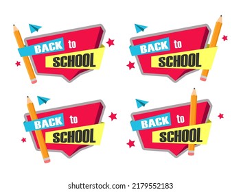Back to school sign with a pencil, paper airplane and stars. Red background. Graphic design. 