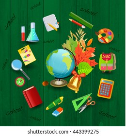 Back to school sign with school supplies.The set of school icons on the wood background.