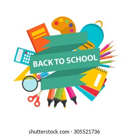 Back to school sign with school supplies, vector illustration.
