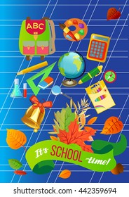 Back to school sign with school supplies, vector illustration.