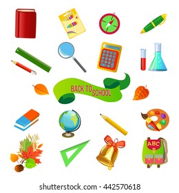 Back to school sign with school supplies, vector illustration.