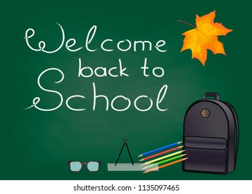 Back to school, signboard, school board with chalk, autumn and yellow leaves, autumn sale, eps 10