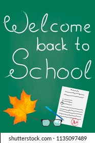 Back to school, signboard, school board with chalk, autumn and yellow leaves, autumn sale, eps 10