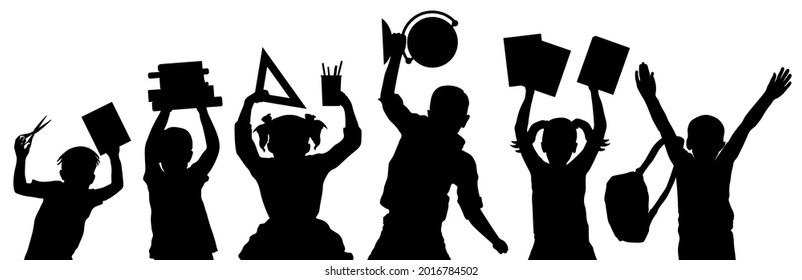 Back to school. Silhouette of school children or pupils or first graders with school supplies. Vector illustration.