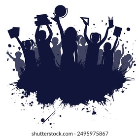Back to school. Silhouettes of  children with school supplies and grunge splash with copy space. Vector illustration