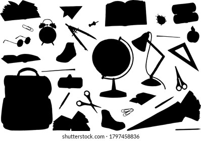 Back to school silhouettes set. Basis clip art black and white