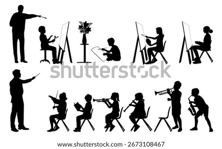 Back to school. Silhouettes of teacher and students, drawing and music lessons. Vector illustration.