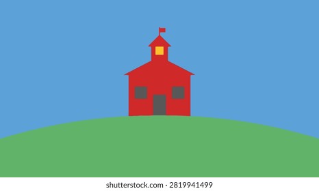Back To School Simple cartoon illustration of a red schoolhouse on a grassy hill with education