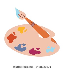De vuelta a la escuela. Una paleta simple con pinturas de diferentes colores y un pincel. Herramientas de Artista para pintar. Ilustración aislada sobre un fondo blanco