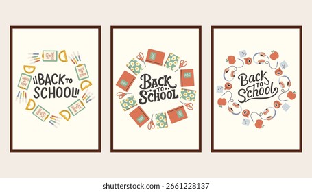 Volver a la escuela conjunto de póster simple. Anuncios escolares de moda, fondos. Diseño moderno con útiles escolares, pegatinas de educación, doodle. Regreso a la escuela, universidad, concepto de estudio.