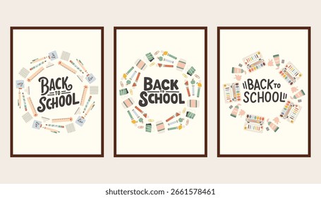 Volver a la escuela conjunto de póster simple. Anuncios escolares de moda, fondos. Diseño moderno con útiles escolares, pegatinas de educación, doodle. Regreso a la escuela, universidad, concepto de estudio.