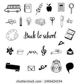 Back to school simple sketch hand drawn icons set isolated on white background