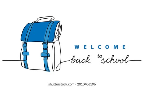 Back to school simple vector schoolbag banner, poster, background. One continuous line drawing with lettering back to school.