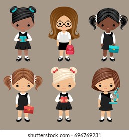 Back in school. Six schoolgirls. Vector