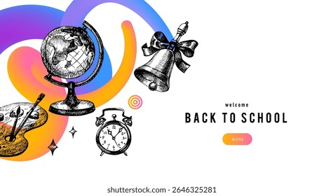 Fondo de boceto de regreso a la escuela. Plantilla de cartel escolar con accesorios dibujados a mano. Diseño del diploma. Ilustración vectorial