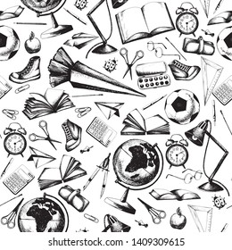 Back to school sketch black and white seamless pattern, education backdrop, ready to study wrapping paper design