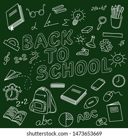 De Volta À Escola Esboço Chalkboard Doodles. Mão desenhado fundo escola conceito