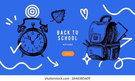 Back to school sketch collage background. School poster design template with hand drawn accessories. Vector illustration