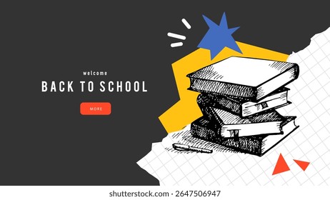 Back to school sketch collage background with books. School poster design template. Vector hand drawn illustration
