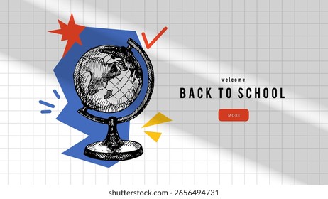 Fondo de collage de boceto de regreso a la escuela con globo terráqueo. Plantilla de diseño de carteles escolares. Vector dibujado a mano ilustración