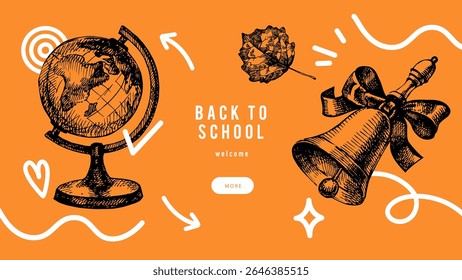 Back to school sketch collage banner. School poster design template with hand drawn accessories. Vector illustration
