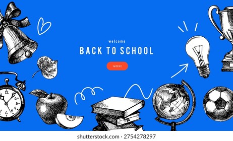 Back to school sketch collage banner. Education poster template with hand drawn accessories. Frame design. Vector vintage illustration