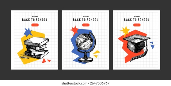 Zurück zur Schule Skizze Collage Banner. Bildungspostervorlagen mit handgezeichnetem Zubehör. Diplomdesign. Vektorgrafik