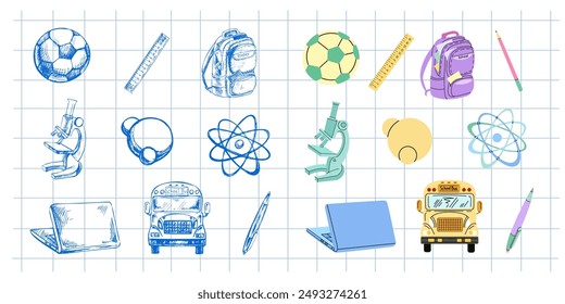 Back to School, sketch and flat style  school supplies set.  School object collection. Education Concept. Vector illustration. Back to School.