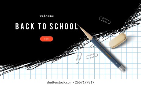 Volver al fondo del grunge del bosquejo de la escuela con el lápiz realista. Plantilla de diseño de carteles escolares. Vector dibujado a mano ilustración