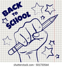 Back to school sketch with hand and pencil on notebook page. Vector illustration