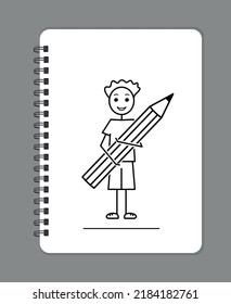 back to school sketch, male student, drawing clip-art, happy boy holding a giant pencil, drawn on a notebook page, black line doodle vector illustration, artistic personality type