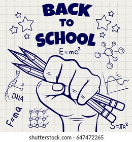 Back to school sketch on notebook page. Hand drawn hand with pencil stars and school elements. Vector illustration