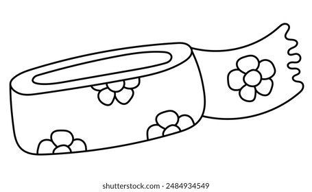 Back to school. Sketch of Packing tape with floral pattern. School supplies. Outline Doodle illustration on white background for colouring pages