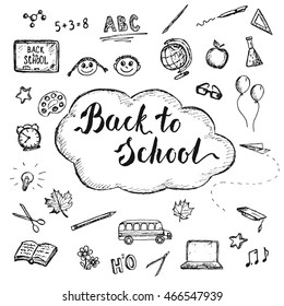 Back to school sketched icons isolated on white background. Hand drawn brush lettering. Doodle design elements set for advertising and presentations.