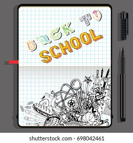 Back to School Sketches in Notebook. Hand Drawn Black and White illustration on Education Them.