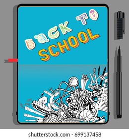 Back to School Sketches in Notebook. Hand drawn illustration on education them.