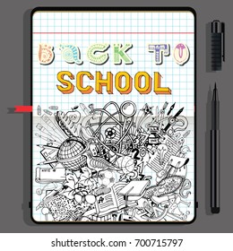 Back to School Sketches in Notebook. Hand Drawn Black and White illustration on Education Them.