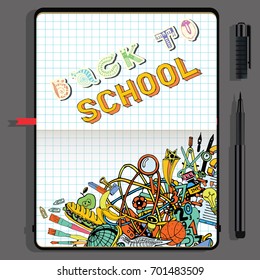 Back to School Sketches in Notebook. Hand drawn illustration on education them.
