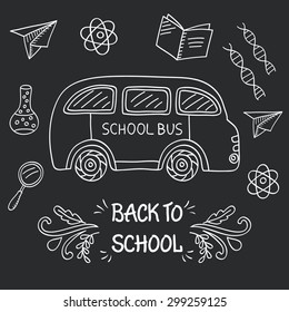 Back to School Sketchy Doodles Background on a chalkboard. Hand-Drawn Design Elements. Vector Illustration